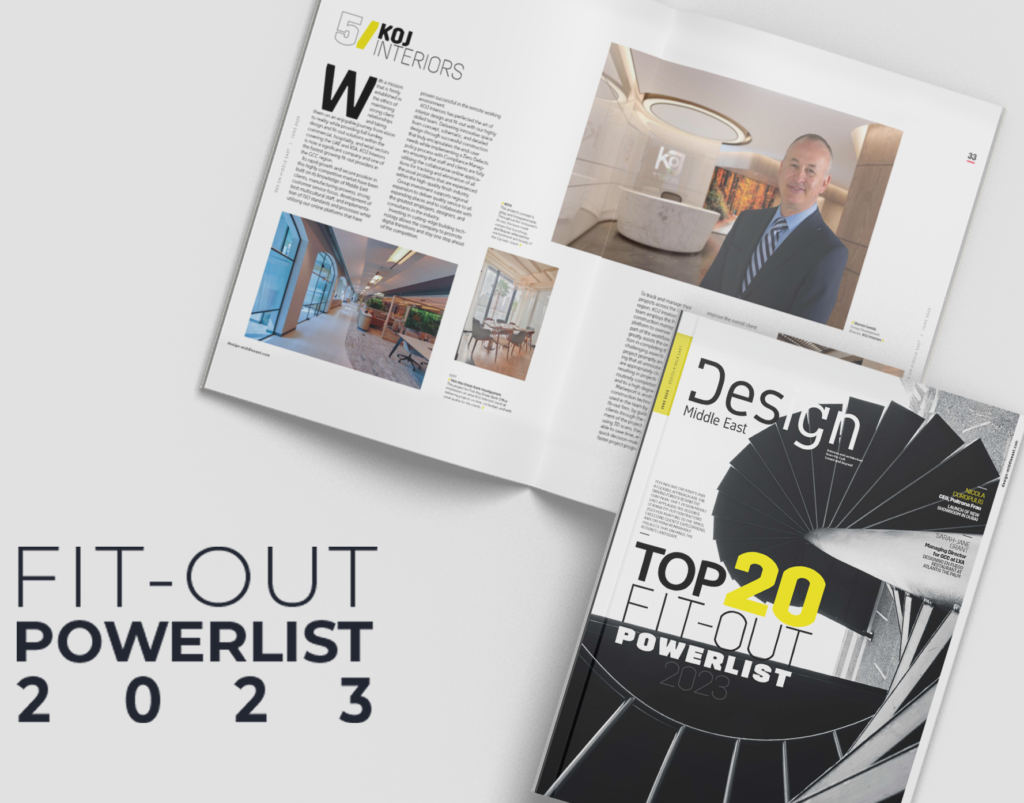 We are delighted to share that the Design Middle East Fit-out Powerlist 2023 issue is out and for two consecutive years, our team at KOJ Interiors is part of it — advancing from the top 10 to top 5 this year!