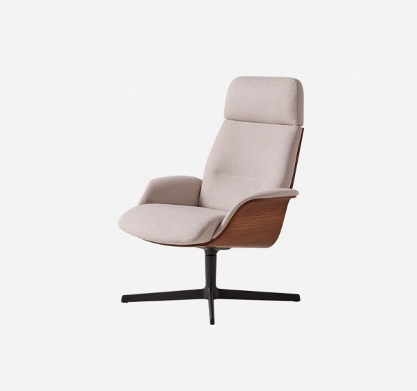 Lounge armchair with high back, walnut cover and 4 spoke aluminum swivel base